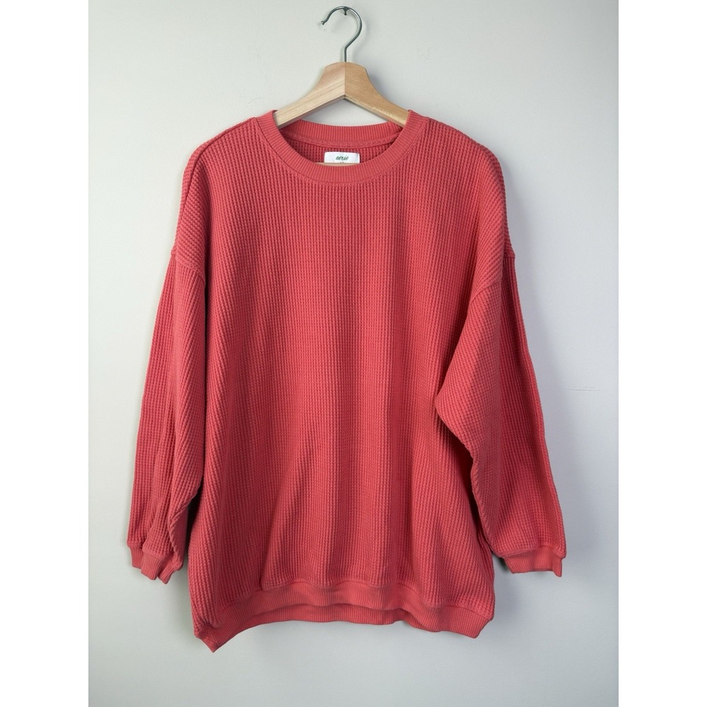 Aerie Waffle Knit Crewneck Sweatshirt Coral size Small